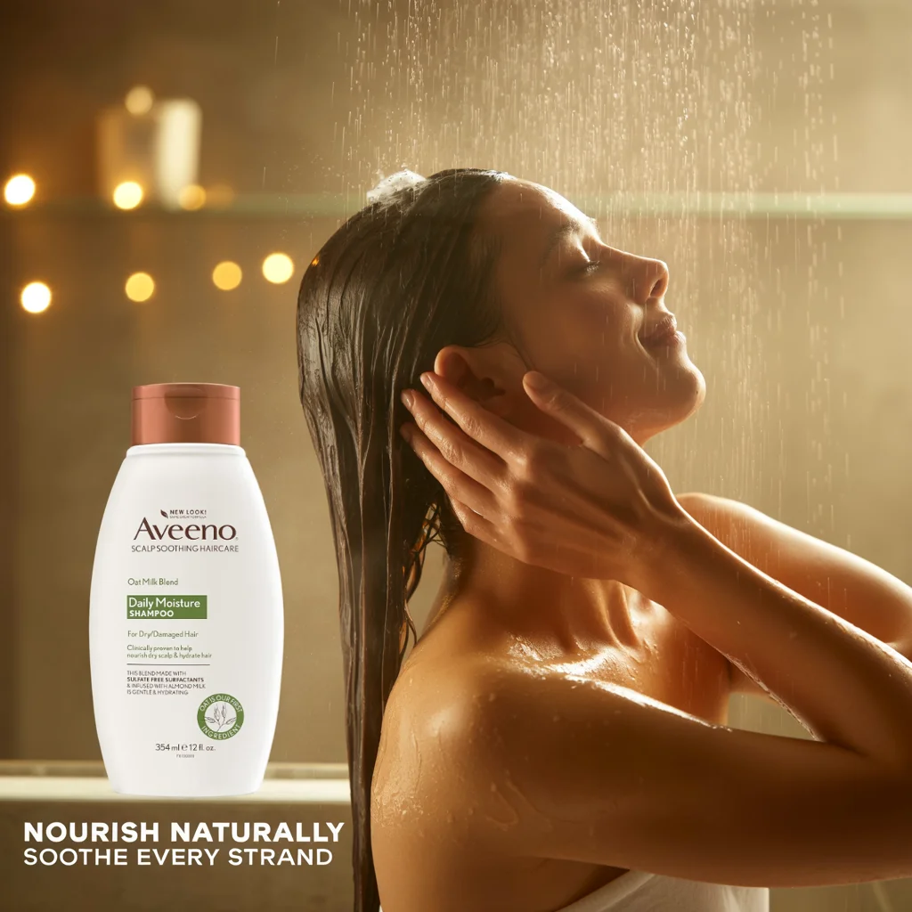 Aveeno shampoo in elegant bathroom setting with natural lighting