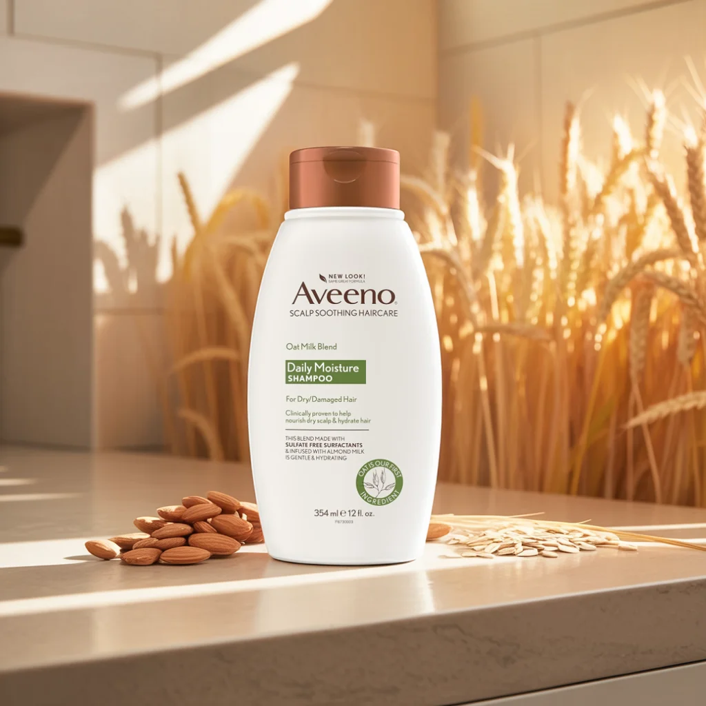 Aveeno product with milk splash emphasizing gentle care and hydration