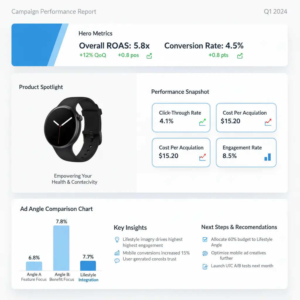 Sample daily report showing KPIs, ad angle comparison, insights and next steps.